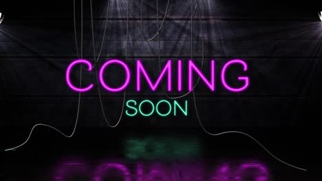 animation of coming soon text in pink and blue neon letters on black background