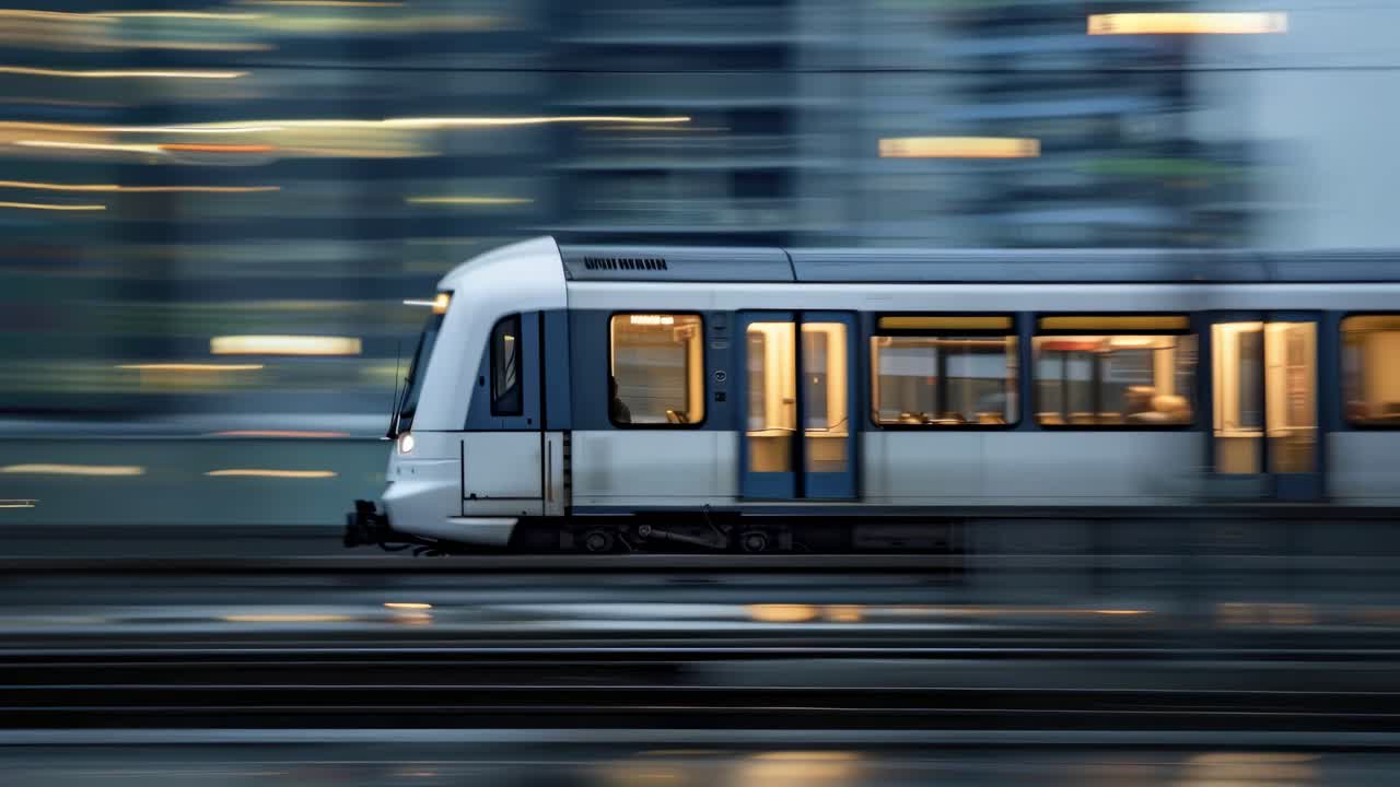 Dynamic side view of a speeding train, captured in motion blur