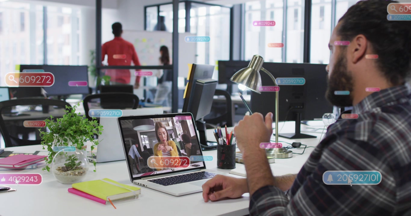 Employee greeting remote colleague activating data tags and numeric overlays during business call