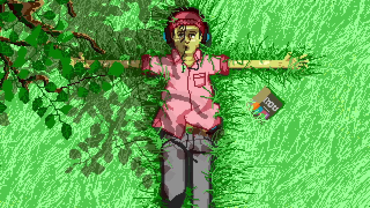 나무 그늘 아래 밝은 녹색 잔디에 누워 있는 소년의 편안한 픽셀 아트 애니메이션