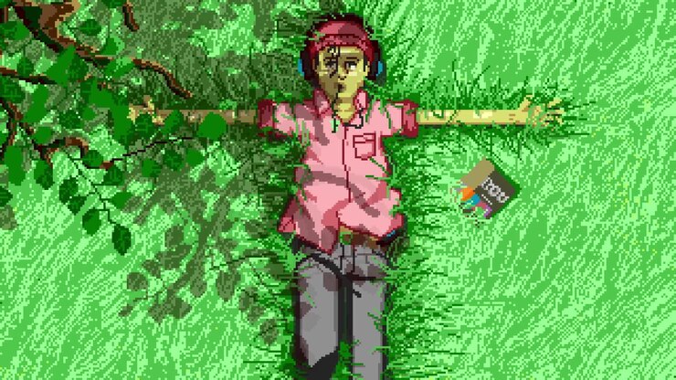 Animazione rilassante in pixel art di un ragazzo sdraiato su erba verde brillante all'ombra di un albero.