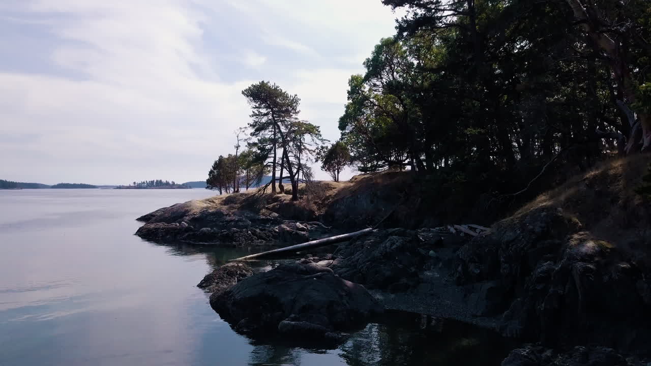 Drone of water and islands on horizon at Jones Island Washington