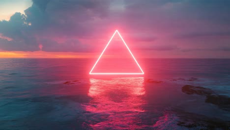 neon pink triangle over ocean sunset