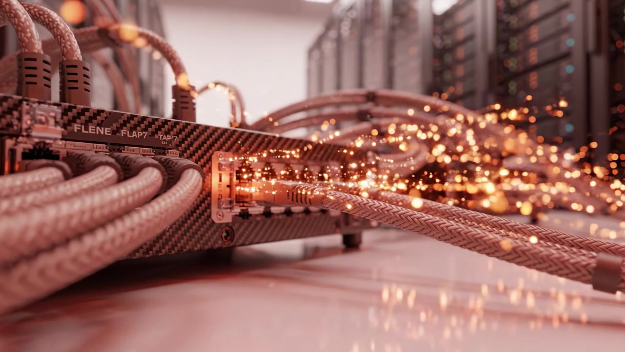 A Dazzling Network Infrastructure Featuring Intricate Cabling and Connectors Amidst a Dynamic Server Room Environment Full of Data Transfer Sparks.