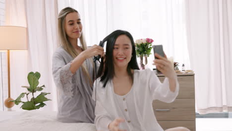 hair iron, selfie and influencer women in bedroom