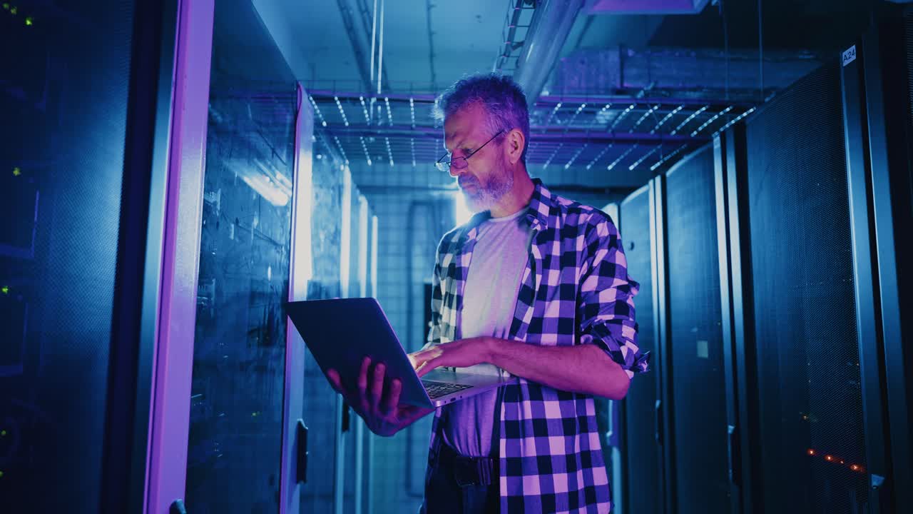 técnico informático trabajando en una sala de servidores por la noche
