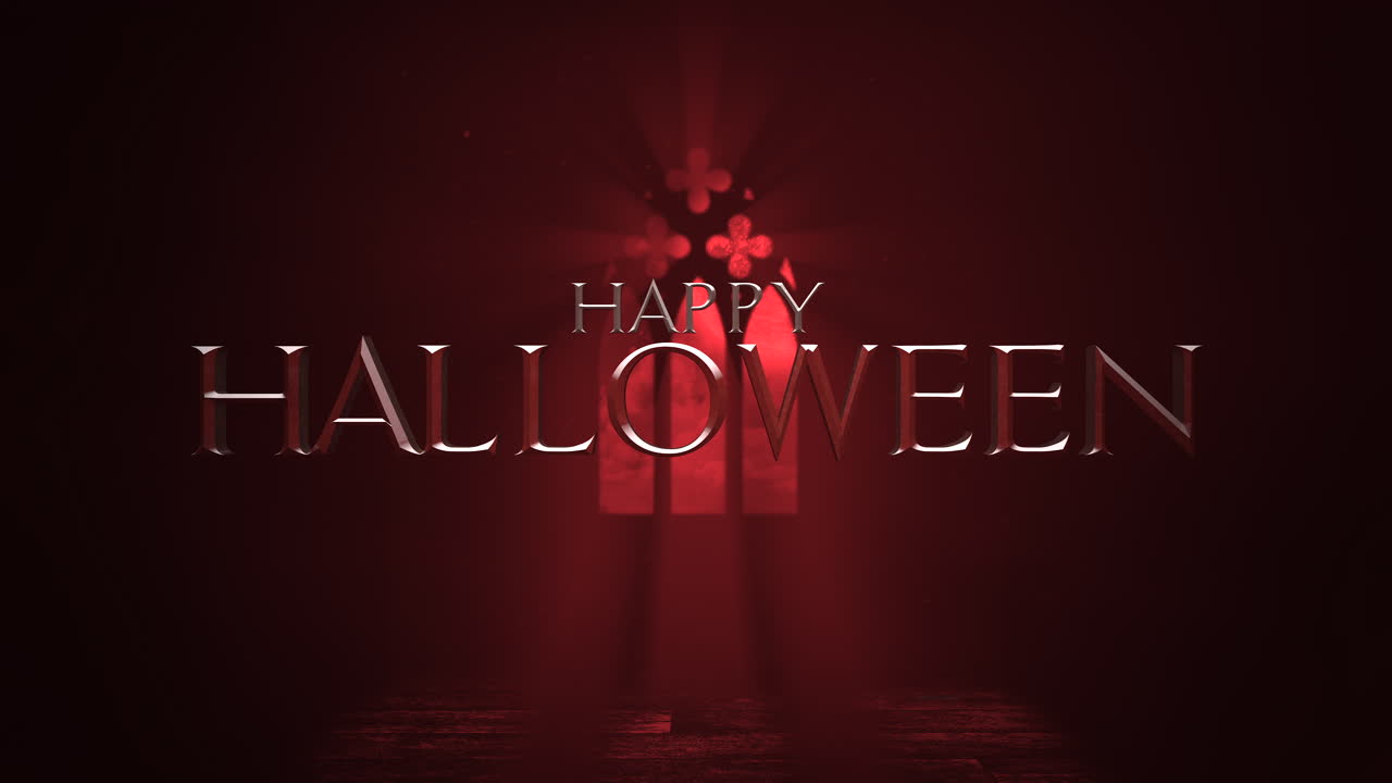 밤에 빛과 십자가가 있는 오래된 성의 창문이 있는 해피 할로윈