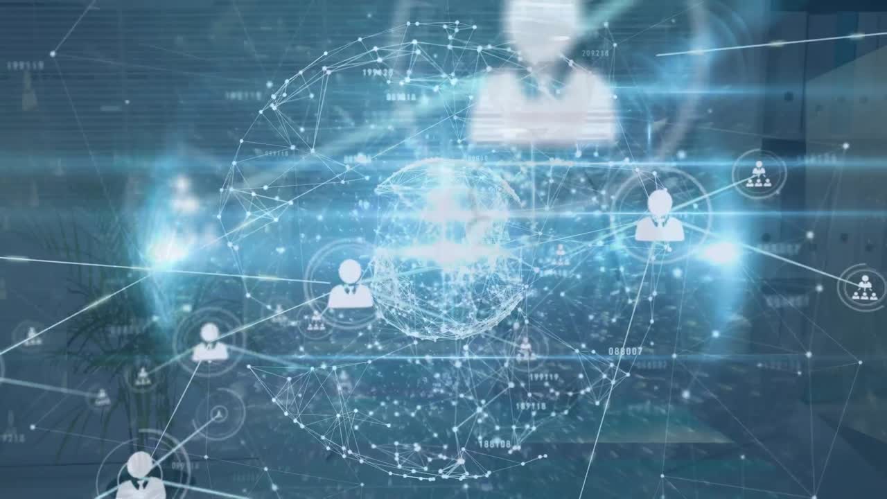 아이콘과 연결 네트워크의 애니메이션 백인 남성 의사가 스테토스코프를 가지고 있습니다.