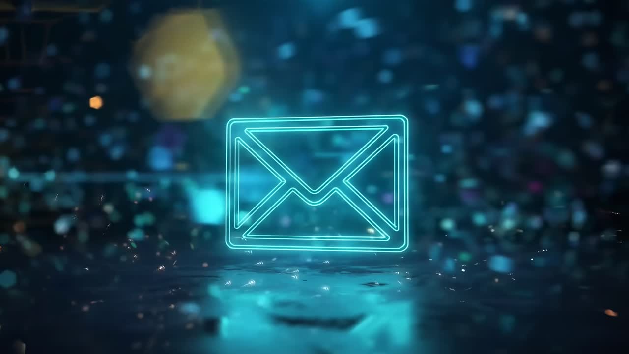 Video futuristico di un'icona email luminosa, ripresa dal basso con particelle digitali che fluttuano.