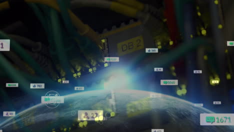 animación de iconos de redes sociales sobre el servidor de computadora y el globo