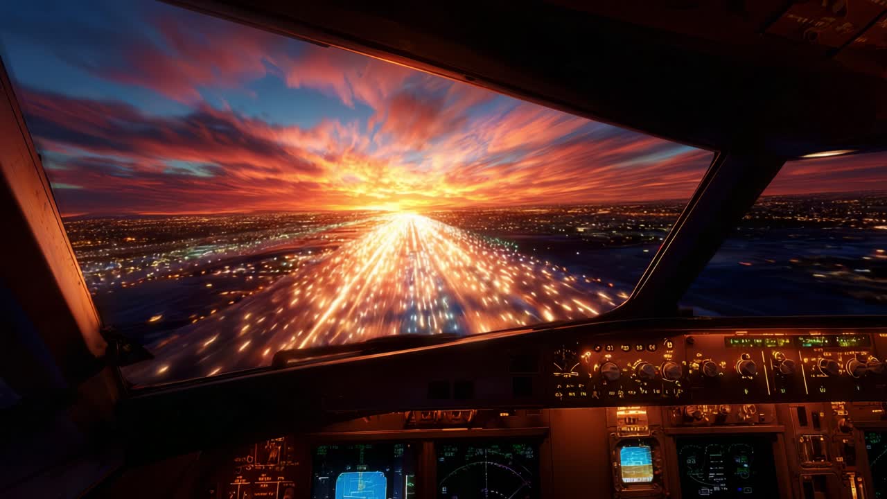 A breathtaking view from the cockpit during a vibrant sunset landing, showcasing a cityscape illuminated by a myriad of lights and colors reflecting off the clouds