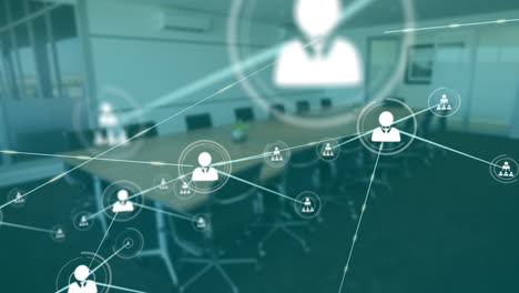 network of connections and data processing animation over empty conference room