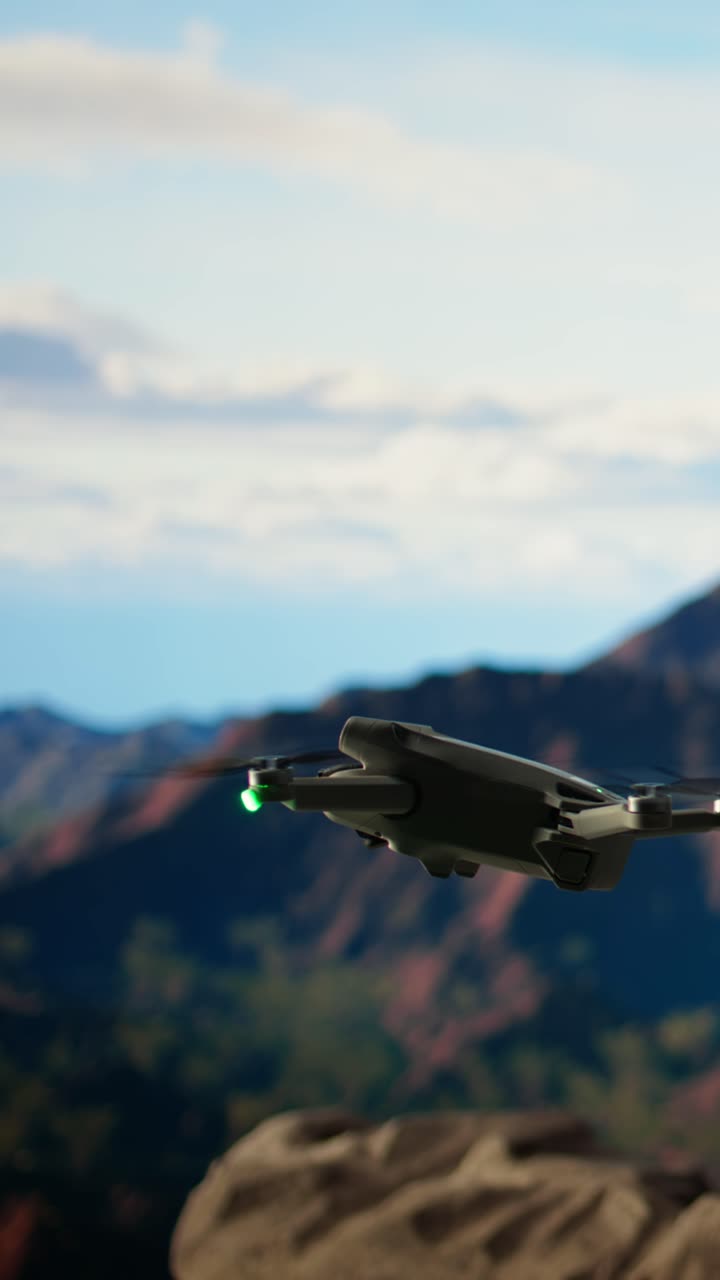 Modern Drone Hovering Over a Scenic Mountain Landscape