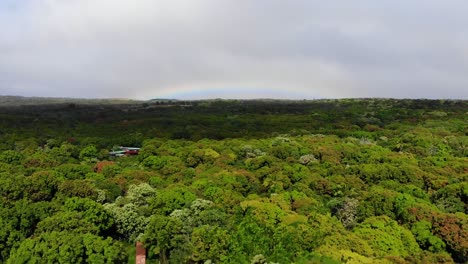 Vuelo-Hacia-Atrás-Sobre-El-Bosque-Y-Las-Casas-En-La-Base-Del-Volcán-Kilauea,-Isla-De-Hawaii-Con-Un-Arco-Iris-En-El-Fondo