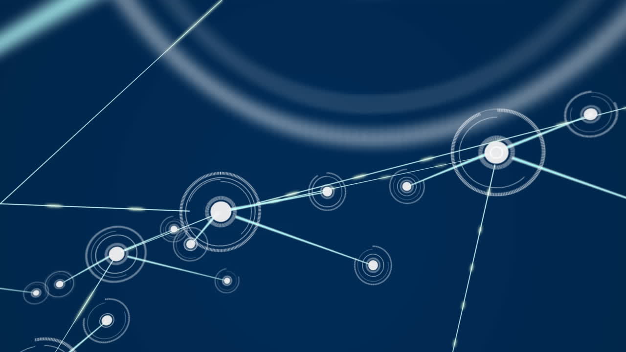 파란색 배경에 빛나는 반점이 있는 연결 네트워크의 애니메이션