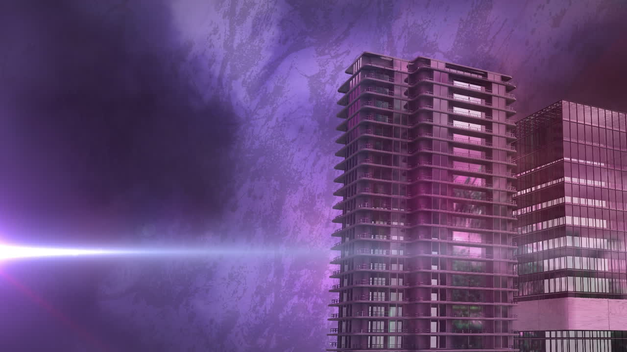 Animation of stormy clouds and lightning with modern office buildings