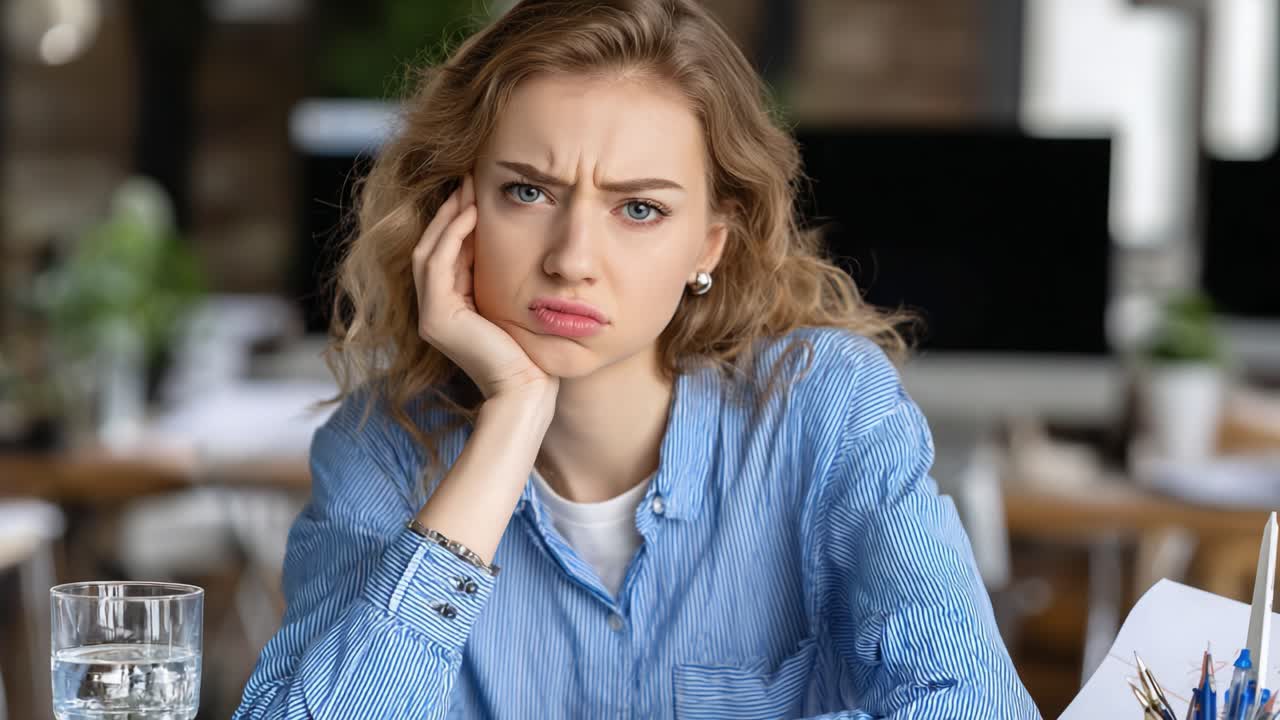 A Woman Expressing Discontent While Sitting at a Table with a Glass of Water and Office Environment in the Background, Highlighting Moments of Frustration and Boredom