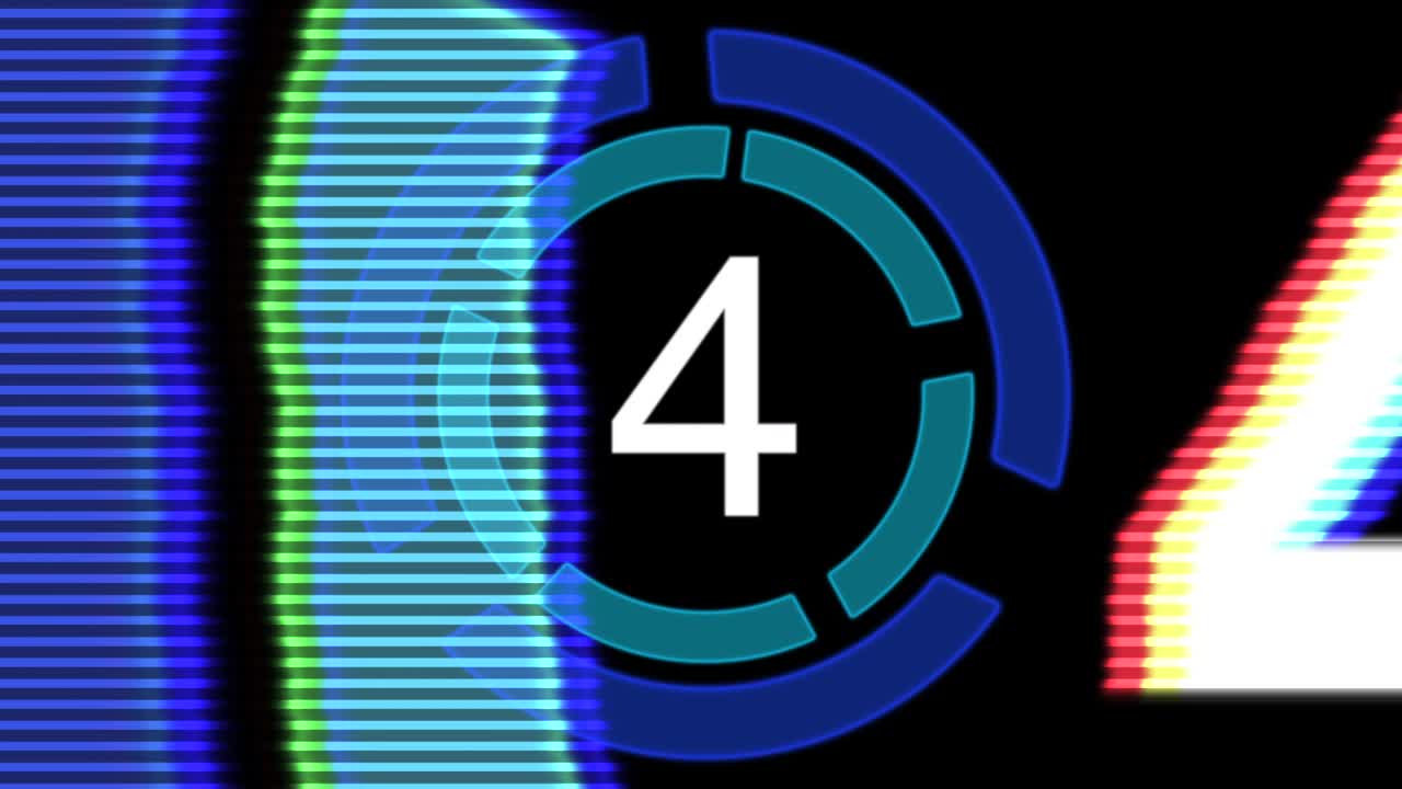Digital blue film countdown with glitch effect in futuristic style