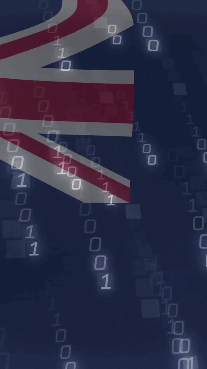 Codice binario sovrapposto alla bandiera delle Isole Falkland in una scena animata di concetto digitale