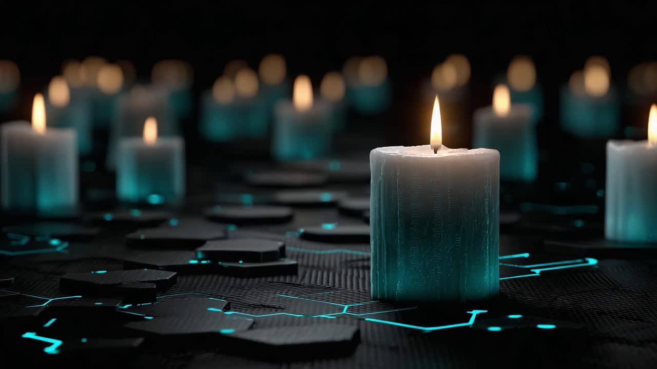 Una scena incantevole di candele illuminate su sfondo scuro, dove le fiamme tremolanti creano un'atmosfera magica tra forme geometriche