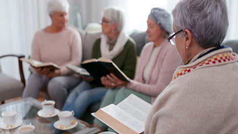 senior group, bible and study with reading