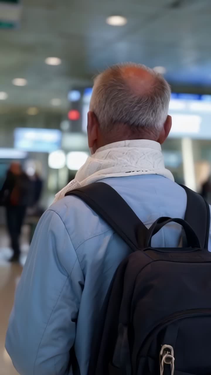 Senior Man with Backpack Walking Through Airport or Station