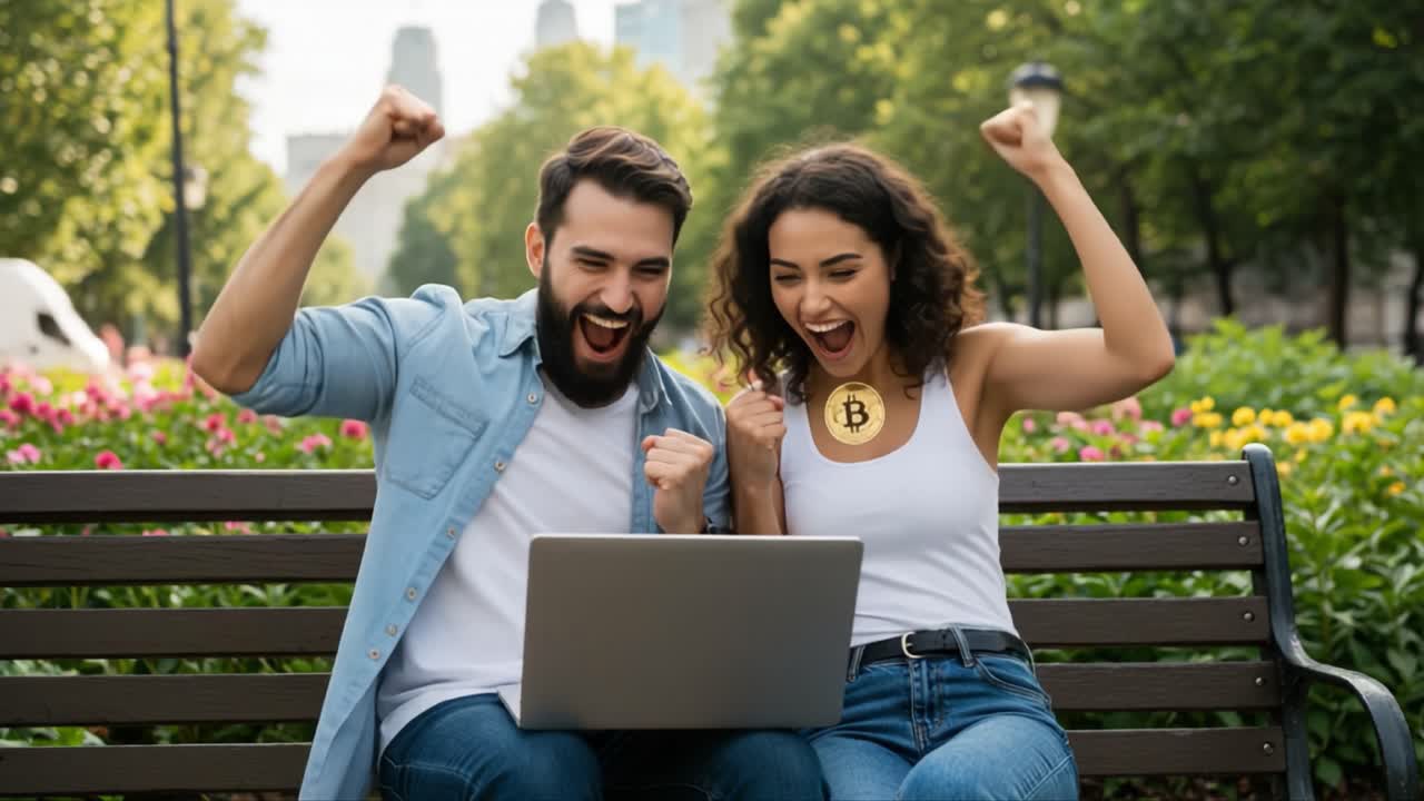 Pareja emocionada celebrando el éxito de su inversión en Bitcoin en el parque: Compartiendo alegría y alcanzando hitos financieros juntos junto a un portátil entre hermosas flores.