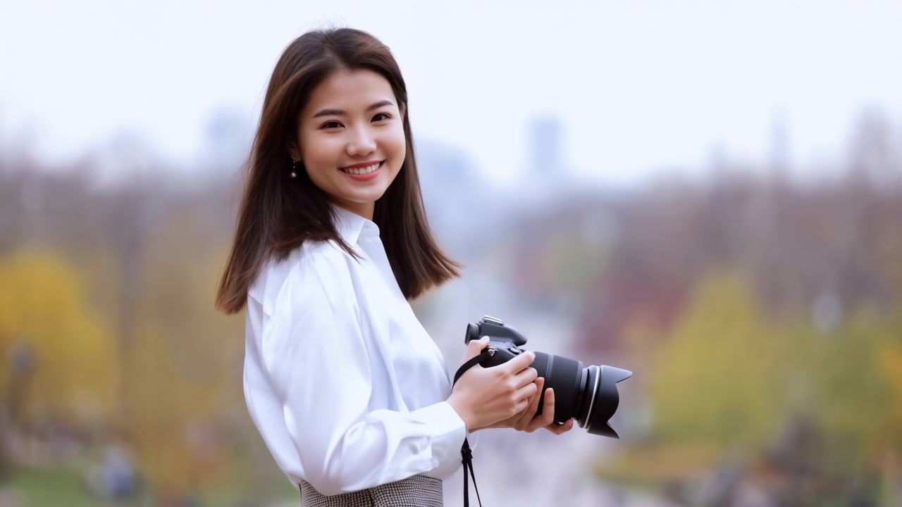 柔らかな日中の光の中、屋外に立ち、カメラを手に持ちながら、ぼかされた都市公園とスカイラインの方を見ている女性の後ろ姿。