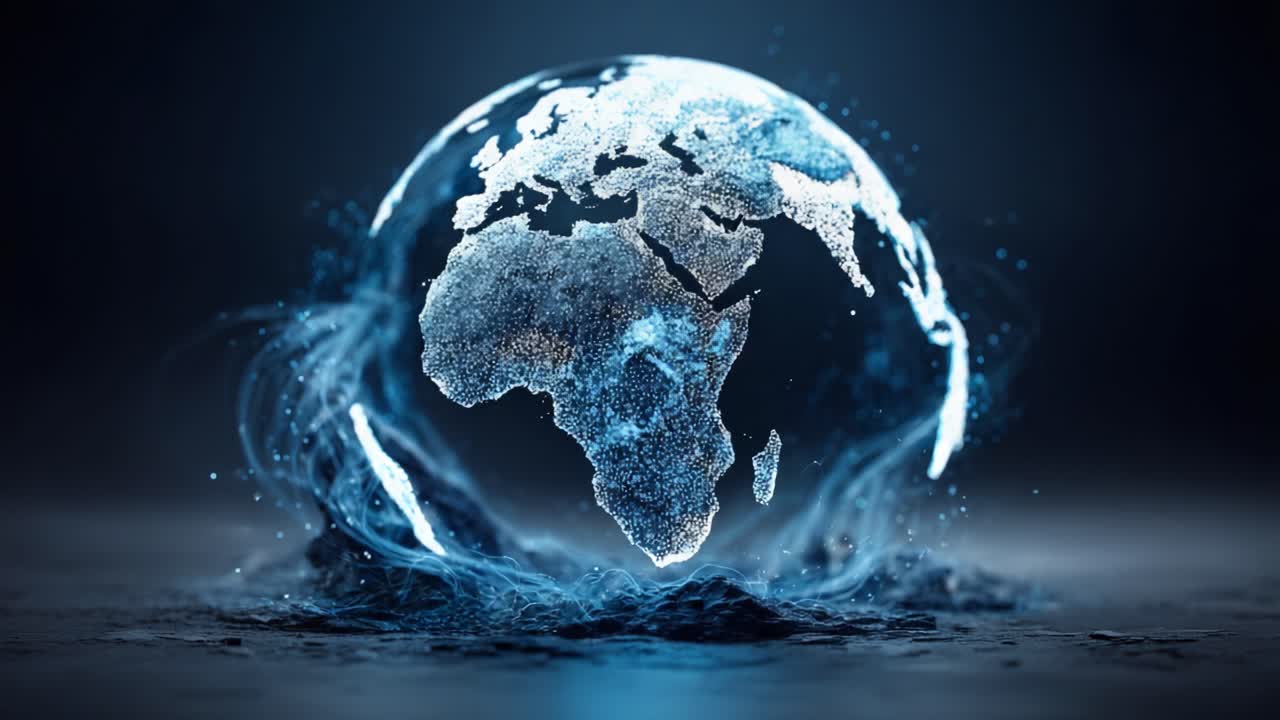 Una splendida rappresentazione visiva della Terra con un focus sull'Africa, circondata da effetti d'acqua dinamici e particelle luminose, mostrando la bellezza naturale e la connettività globale