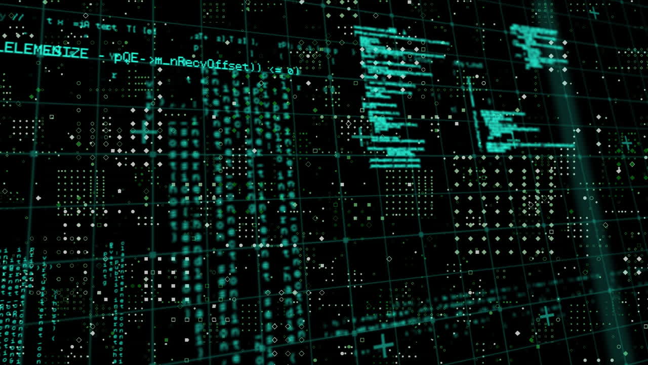 Animation of white spots over data processing on black background