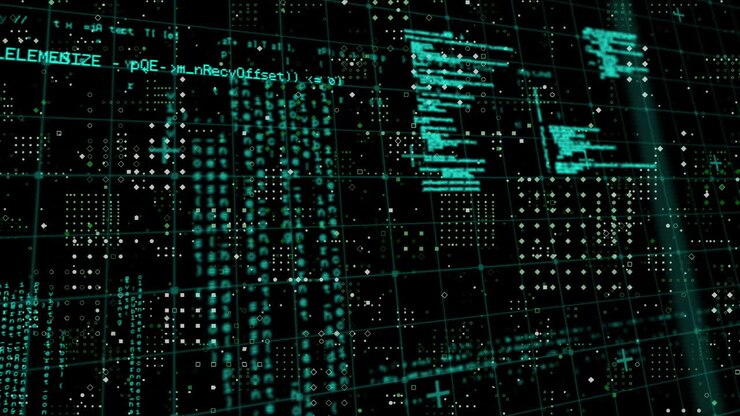 Animation of white spots over data processing on black background