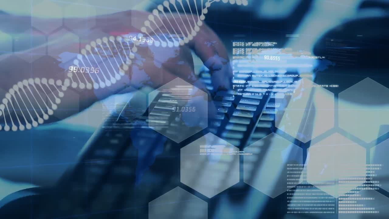 múltiples pantallas con procesamiento de datos y estructura de adn contra estudiantes en la universidad