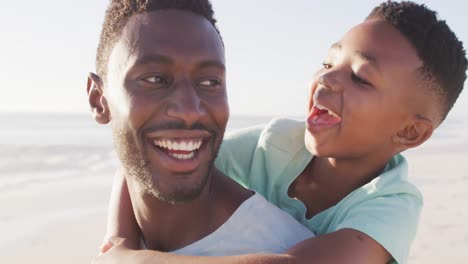 smiling african american father carrying his son on sunny beach