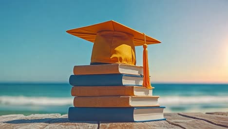 graduation cap on books at the beach