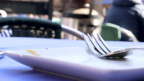 empty plate with food leftovers immediately after eating on the patio of a bar, fork still on the plate, close up view macro shot outdoors