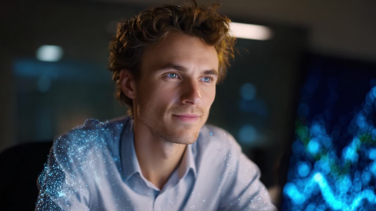 A contemplative young man with curly hair sits in front of a modern display, experiencing a moment of introspection illuminated by digital graphics and data