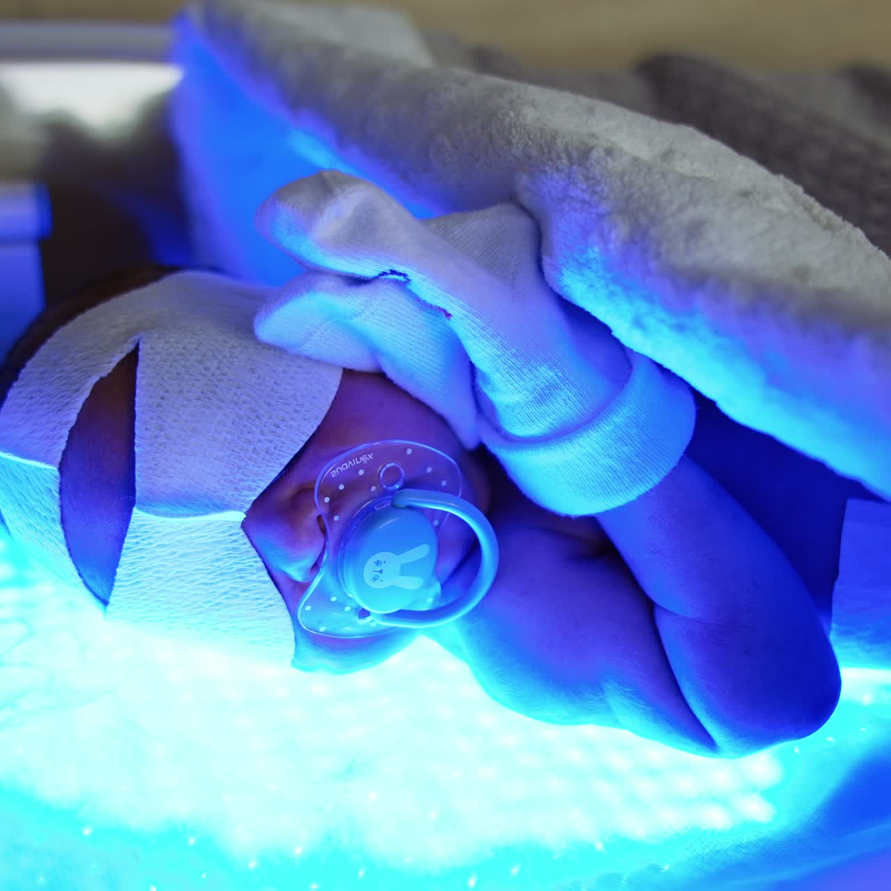Tiny newborn in diaper and socks on hands lies on the UV lamp. Infant with pacifier and bandage on eyes is getting treatment from neonatal jaundice. Close up