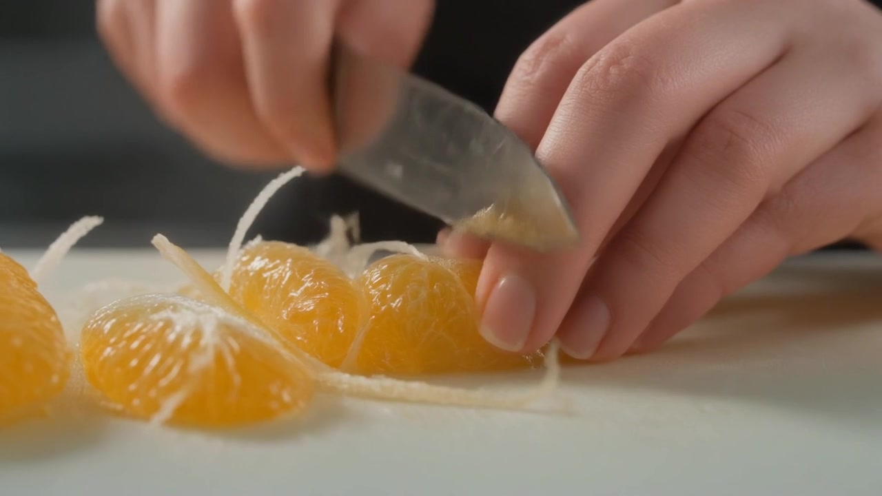 Chef coupant des segments d'orange frais sur une planche à découper.