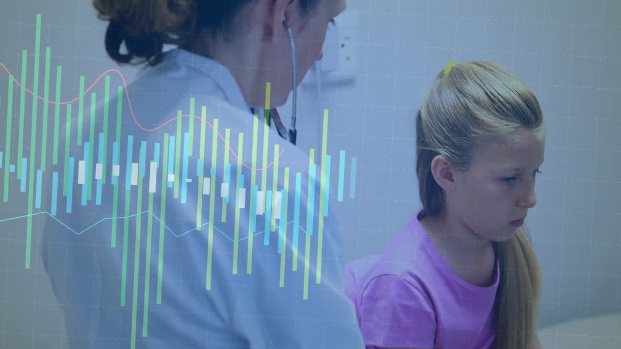 doctor examining child patient on exam table with stethoscope, displaying medical chart overlays