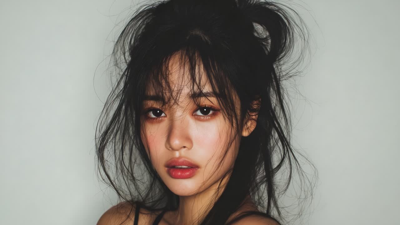 A Captivating Portrait of a Young Woman with Expressive Eyes and Flowing Hair, Emphasizing Natural Beauty and Intriguing Emotions in a Minimalist Setting