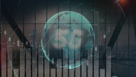 holographic globe rotating over grid, showing bar and candlestick charts, lines and numeric labels
