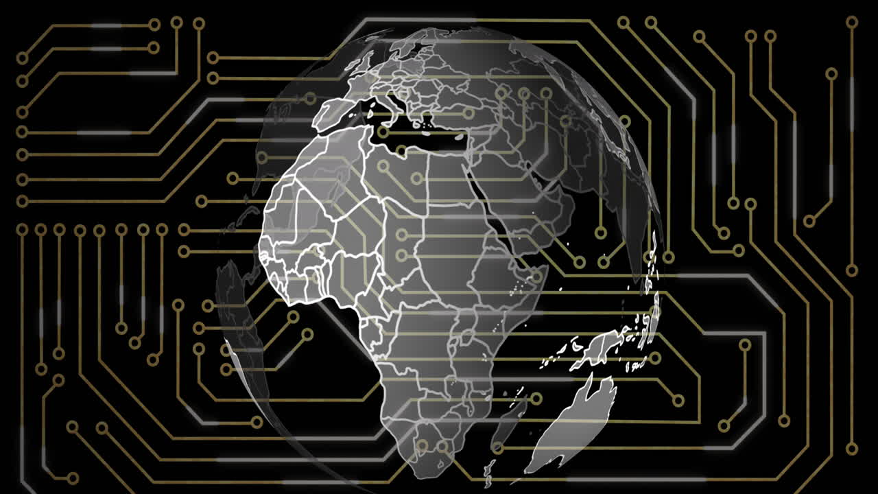 Animation of microprocessor connections over spinning globe against black background