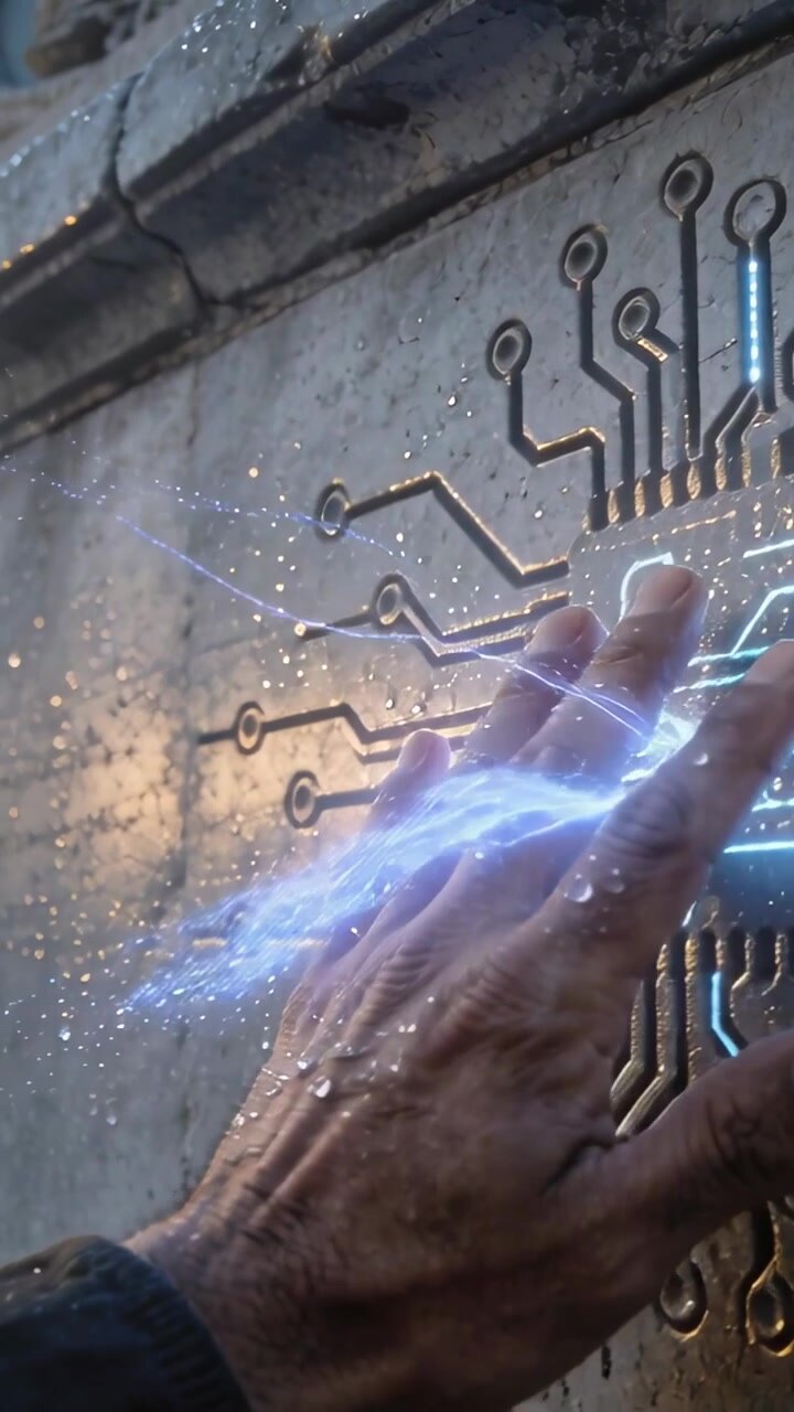 Vertical video: Pressing hand in coat cuff activating circuit pad on stone wall, sending blue light