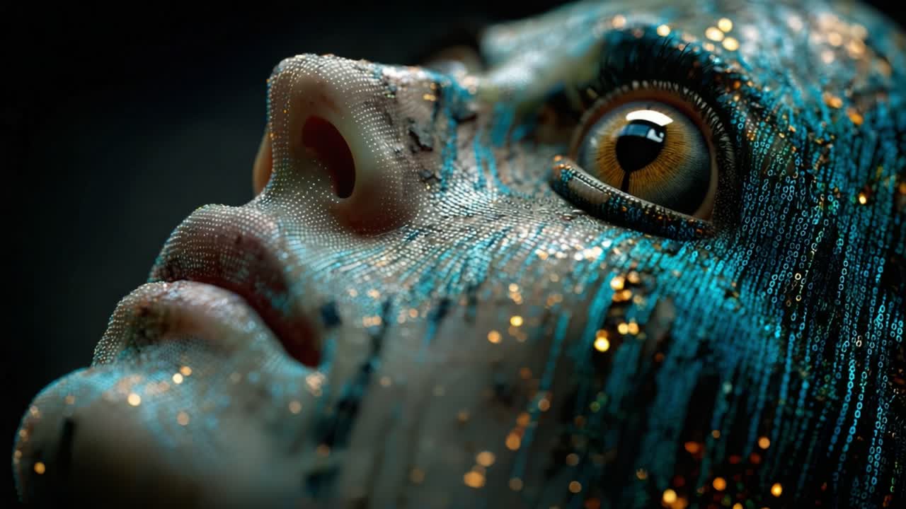 Extreme close up of a futuristic humanoid or alien face looking up, featuring scaly textured skin, a reptilian eye, and glowing blue binary code with golden sparkles flowing over its cheek