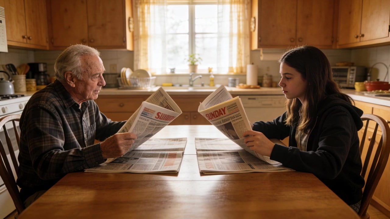 Sunlight streaming, elder man and teen girl reading morning newspapers in kitchen, turning pages