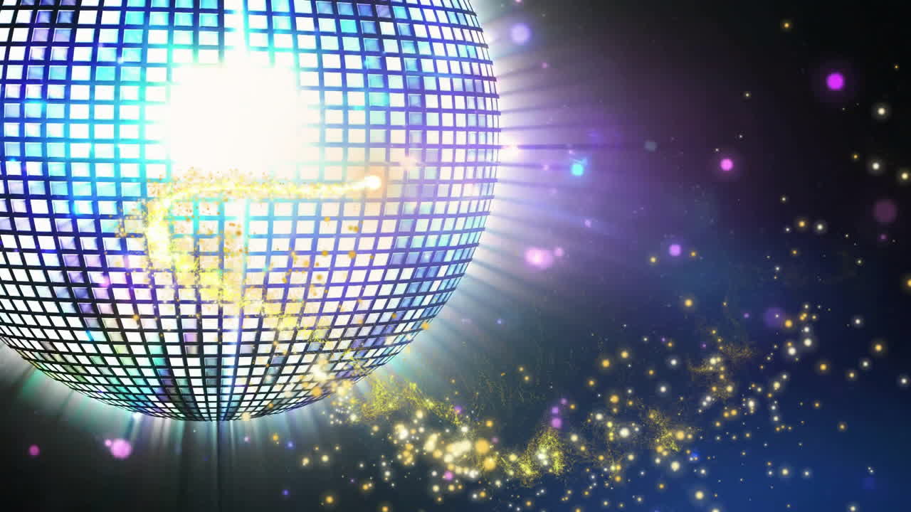 3D render of reflective grid sphere emitting blue light, trailing golden sparkles and purple orbs