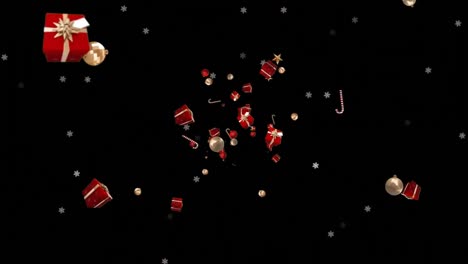 animation of christmas gifts and snow falling over black background