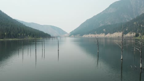 aerial, panorama of earth quake lake in montana, united states