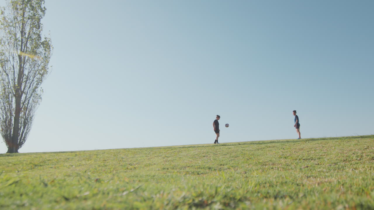 녹색 경기장에서 축구를 연습하는 소녀들의 광범위한