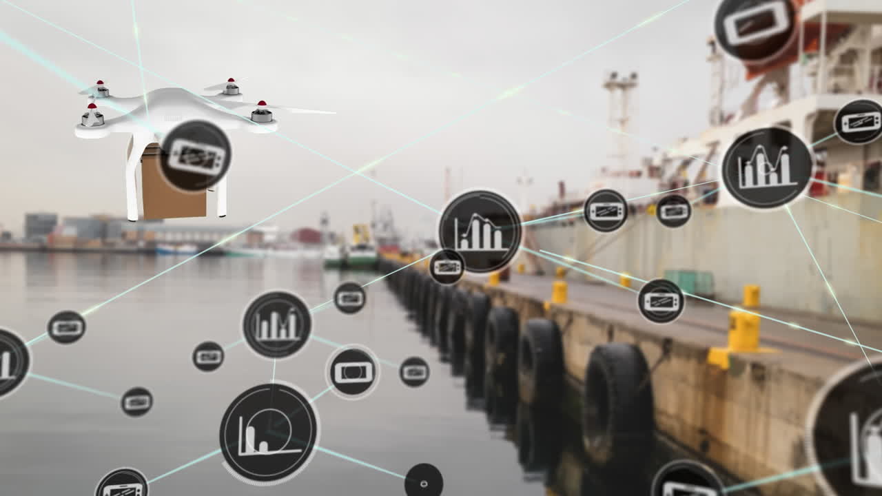 animación de la red de conexiones con iconos y drones digitales sobre el astillero